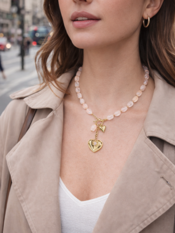 Collier perles roses avec pendentif cœur doré | KF Forever