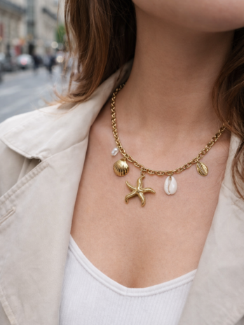 Collier coquillage doré femme – chaîne charms étoile de mer & perles | KF Forever
