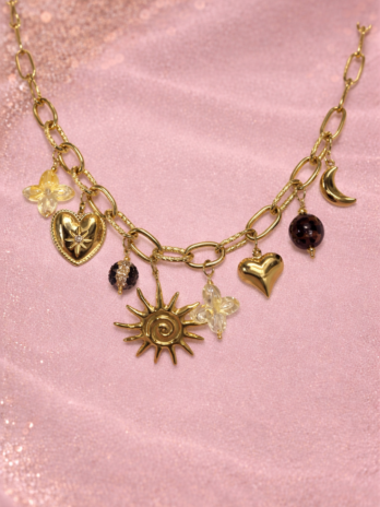 Collier charms doré bohème – Soleil, cœur & lune | KF Forever