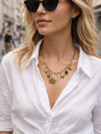 Collier charms doré bohème – Soleil, cœur & lune | KF Forever