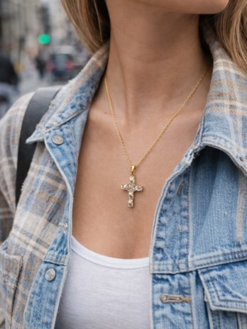 Collier Croix Doré Femme – Pendentif Élégant avec Zircons | KF Forever