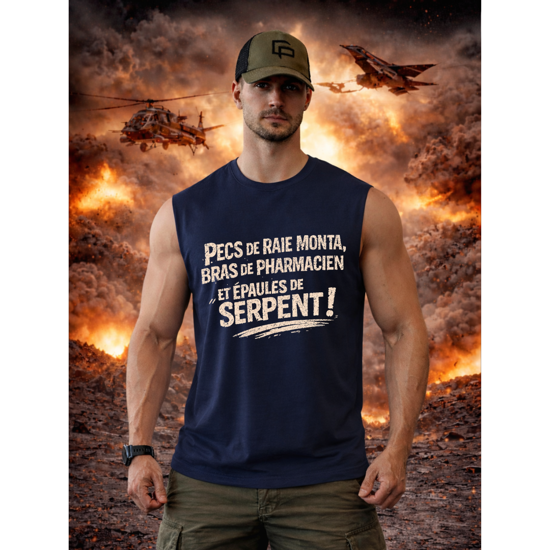 Débardeur homme à personnaliser "Pecs de raie monta, Bras de pharmacien et épaules de serpents " | Chef Peper