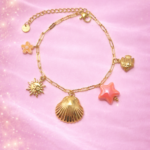 Bracelet Charm Doré Coquillage & Soleil Corail
