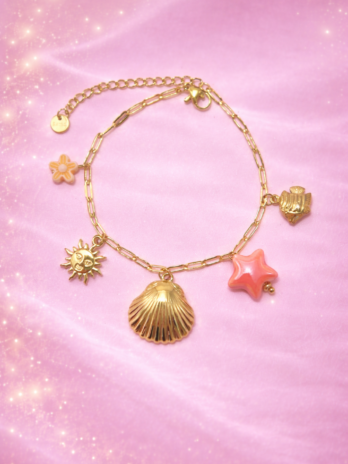 Bracelet Charm Doré Coquillage & Soleil Corail