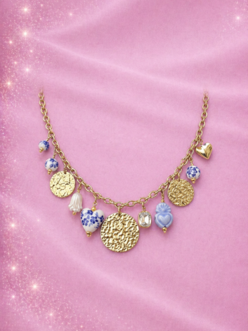 Collier Médailles avec charms en porcelaine bleu