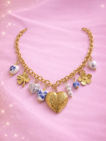 Collier Âme Bohème avec charms en porcelaine bleu